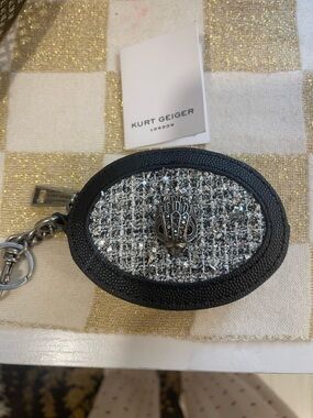 Kurt Geiger Black Oval Textured Key Fob with Silver Logo
